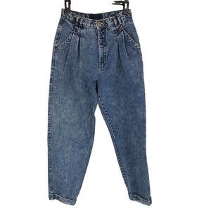 Bonjour Pleated High Rise Mom Jeans Tapered Leg Acid Washed Blue Vintage